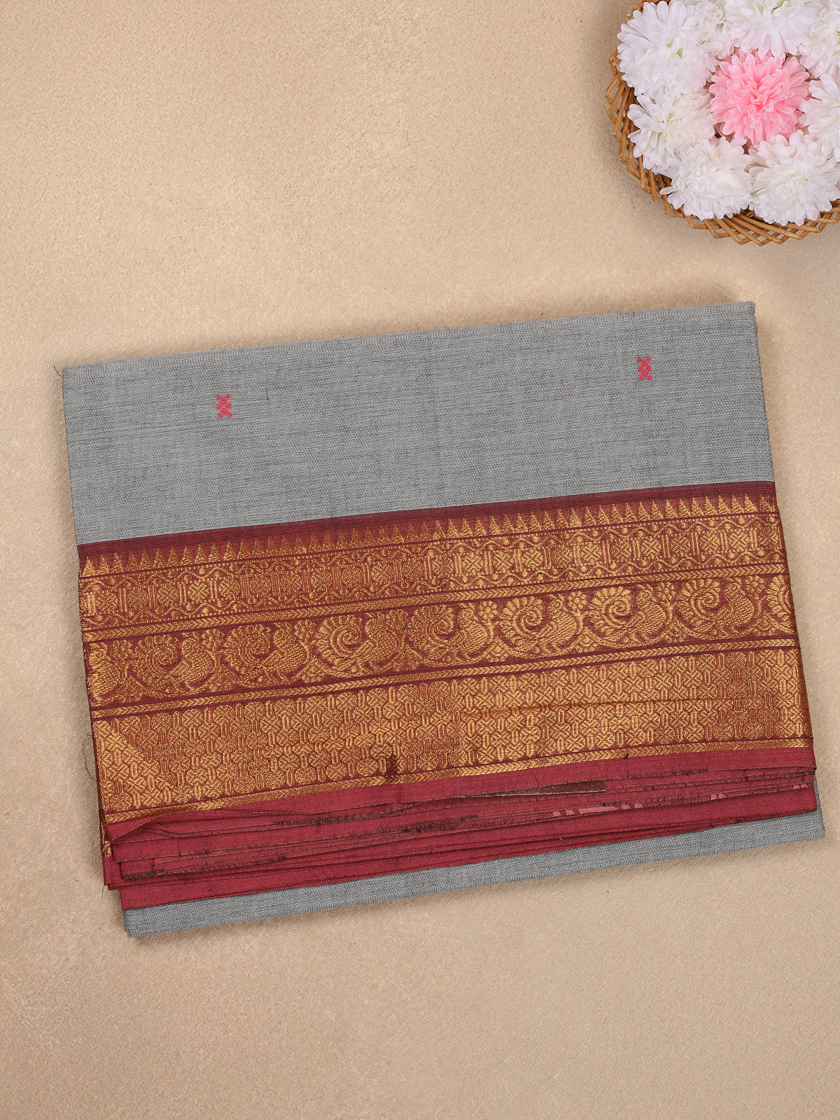 Grey Butta Woven Design Cotton Saree with Contrast Zari Border
