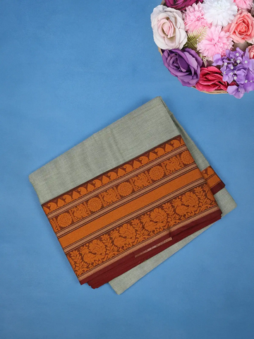 Grey Cotton Saree With Rust Orange Woven Peacock And Floral Border - Diadem