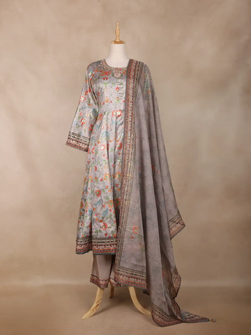 Grey Floral Design Cotton Palazzo Suit - Diadem
