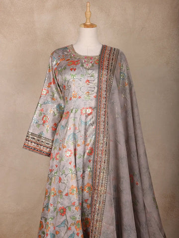 Grey Floral Design Cotton Palazzo Suit - Diadem