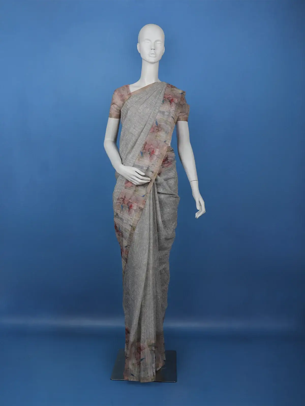 Grey Floral Design Tussar Silk Saree - Diadem