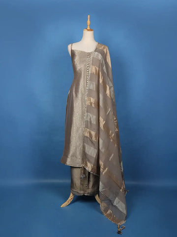 Grey Floral Design Woven Banarasi Silk Salwar Suit - Diadem