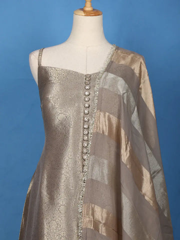 Grey Floral Design Woven Banarasi Silk Salwar Suit - Diadem