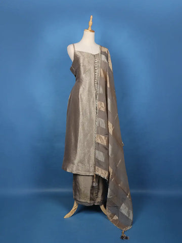 Grey Floral Design Woven Banarasi Silk Salwar Suit - Diadem