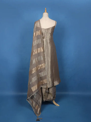 Grey Floral Design Woven Banarasi Silk Salwar Suit - Diadem