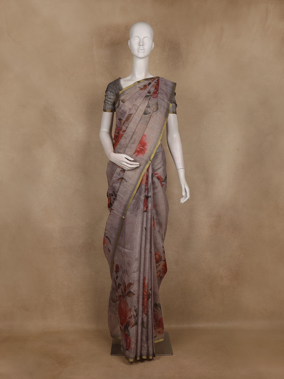 Grey Floral Printed Cotton Saree with Subtle Golden Zari Border