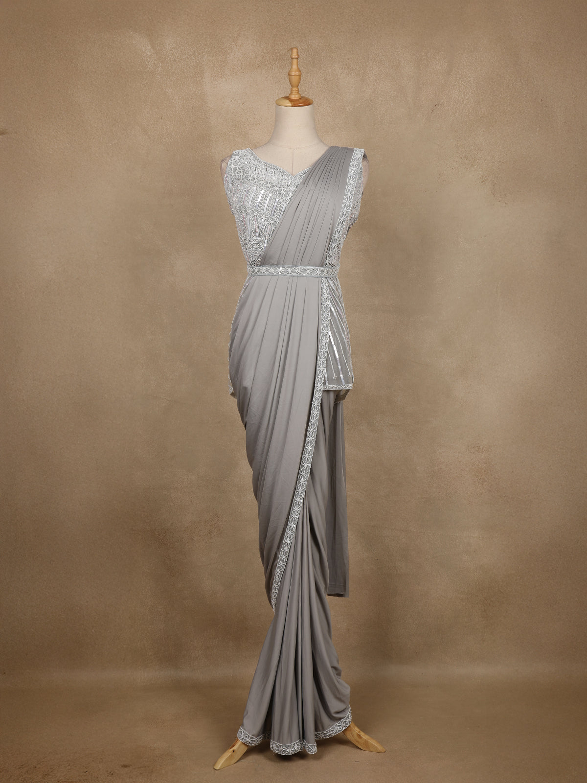 Grey Sequins Embroidered Lyrca Ready To Wear Saree With Designer Blouse