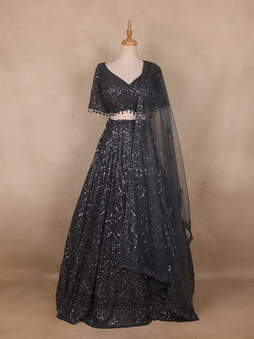 Grey Sequins Embroidered Net Lehenga Set with Dupatta - Diadem