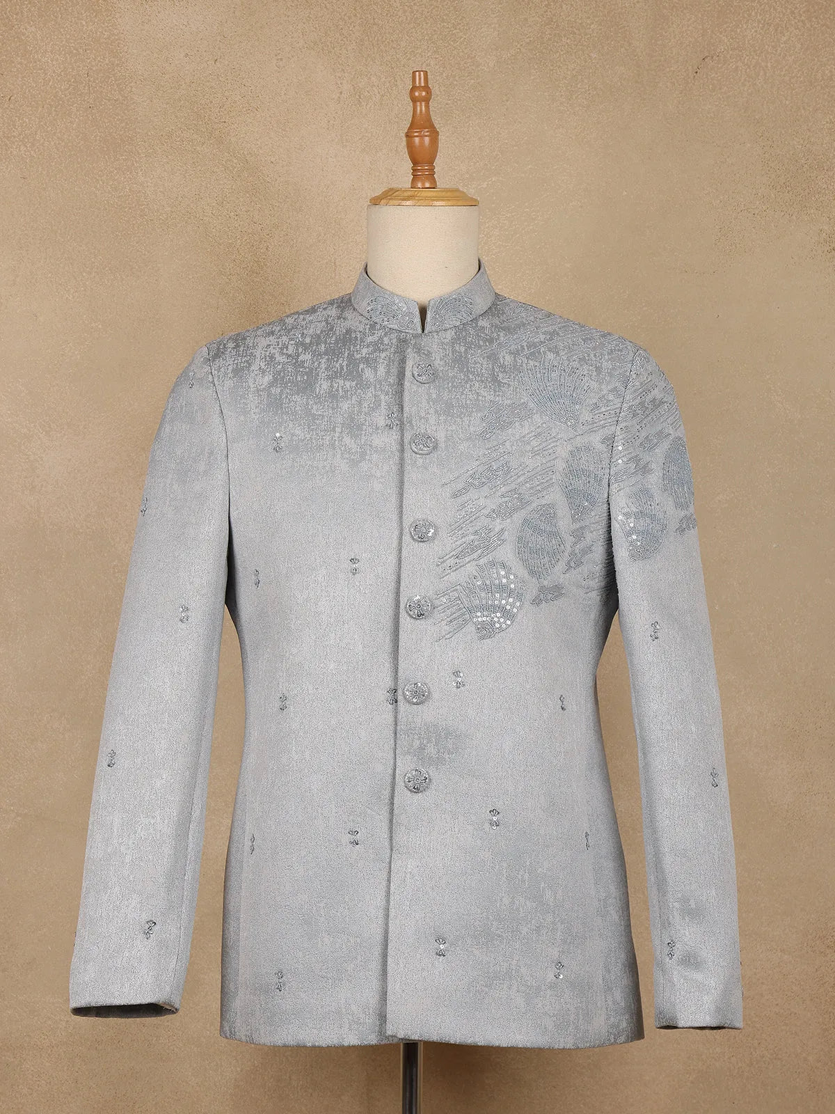Grey Sequins Embroidered Viscose Men’s Suit - Diadem