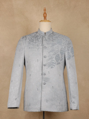 Grey Sequins Embroidered Viscose Men’s Suit - Diadem