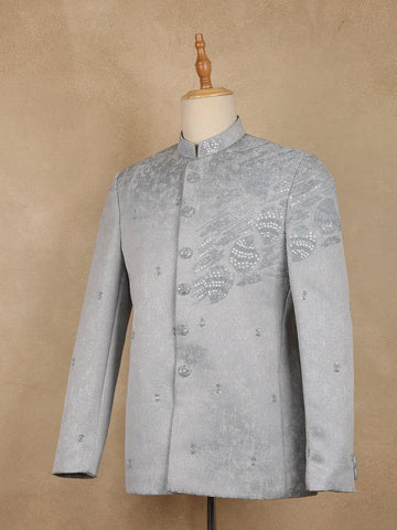 Grey Sequins Embroidered Viscose Men’s Suit - Diadem