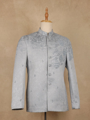 Grey Sequins Embroidered Viscose Men’s Suit - Diadem