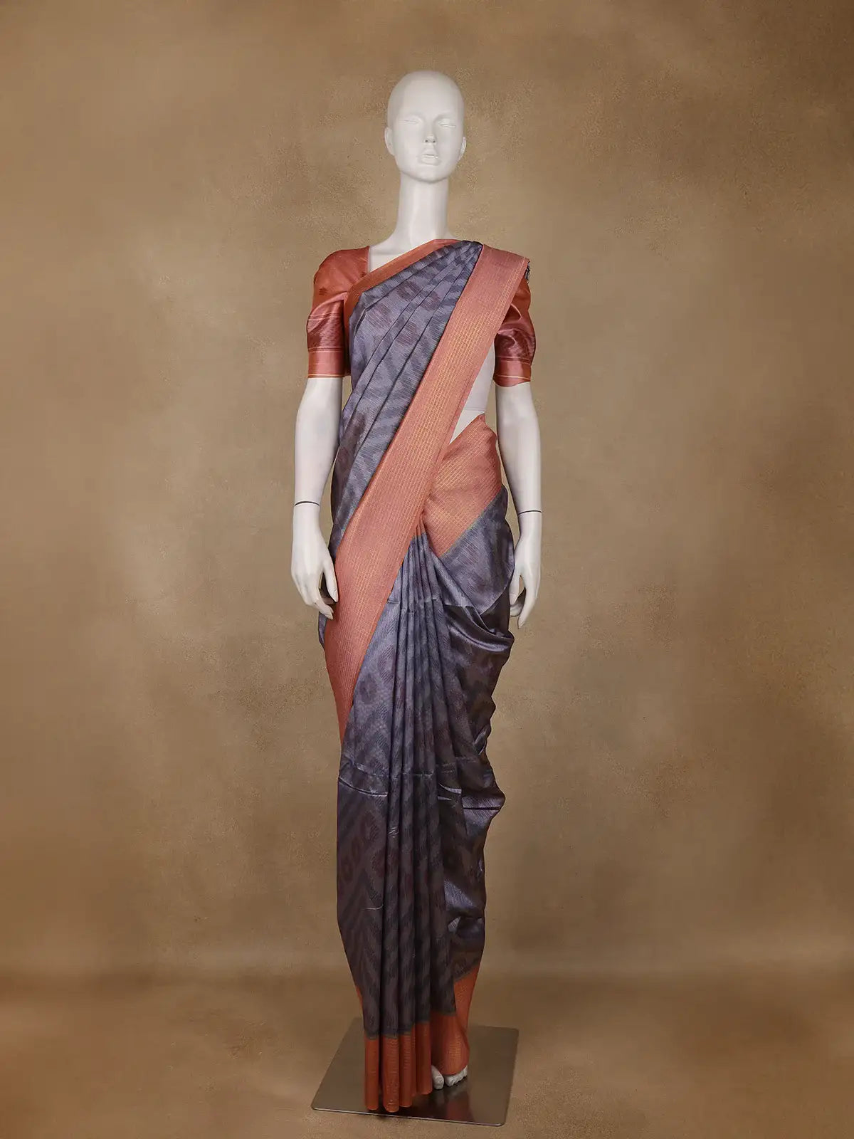 Gray Zigzag Design Tussar Silk Saree With Contrast Border - Diadem