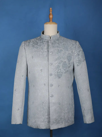Grey Abstract Designed Jodhpuri Men's Suit - Diadem