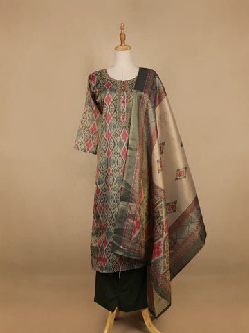 Grey Abstract Print Tissue Straight Cut Salwar Suit - Diadem