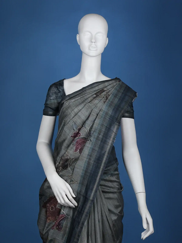 Grey Floral Designed Semi Tussar Saree - Diadem
