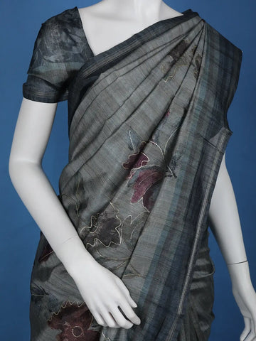 Grey Floral Designed Semi Tussar Saree - Diadem