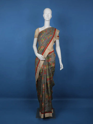 Grey Floral Designed Chanderi Cotton Saree - Diadem