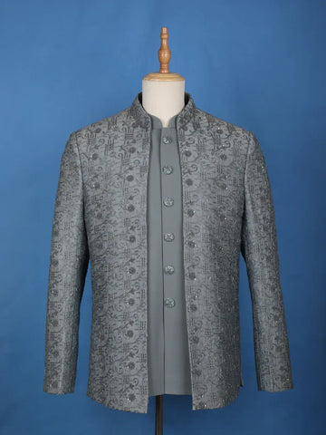 Grey Floral Designed Jodhpuri Men's Suit - Diadem