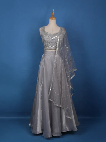 Grey Floral Designed Organza Bridesmaid Lehenga - Diadem