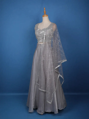 Grey Floral Designed Organza Bridesmaid Lehenga - Diadem