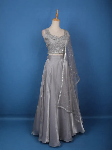 Grey Floral Designed Organza Bridesmaid Lehenga - Diadem