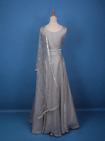 Grey Floral Designed Organza Bridesmaid Lehenga - Diadem