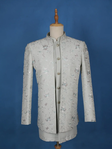 Grey Floral Designed Sherwani Suit - Diadem