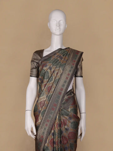 Grey Floral Designed Soft Silk Saree - Diadem