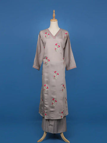 Grey Floral Embroidered Semi-Silk Straight Cut Salwar Suit - Diadem