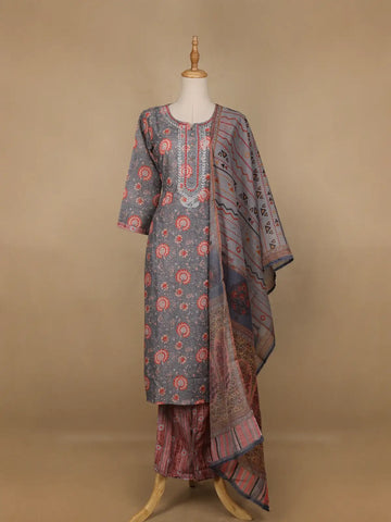 Grey Floral Printed Cotton Salwar Suit - Diadem