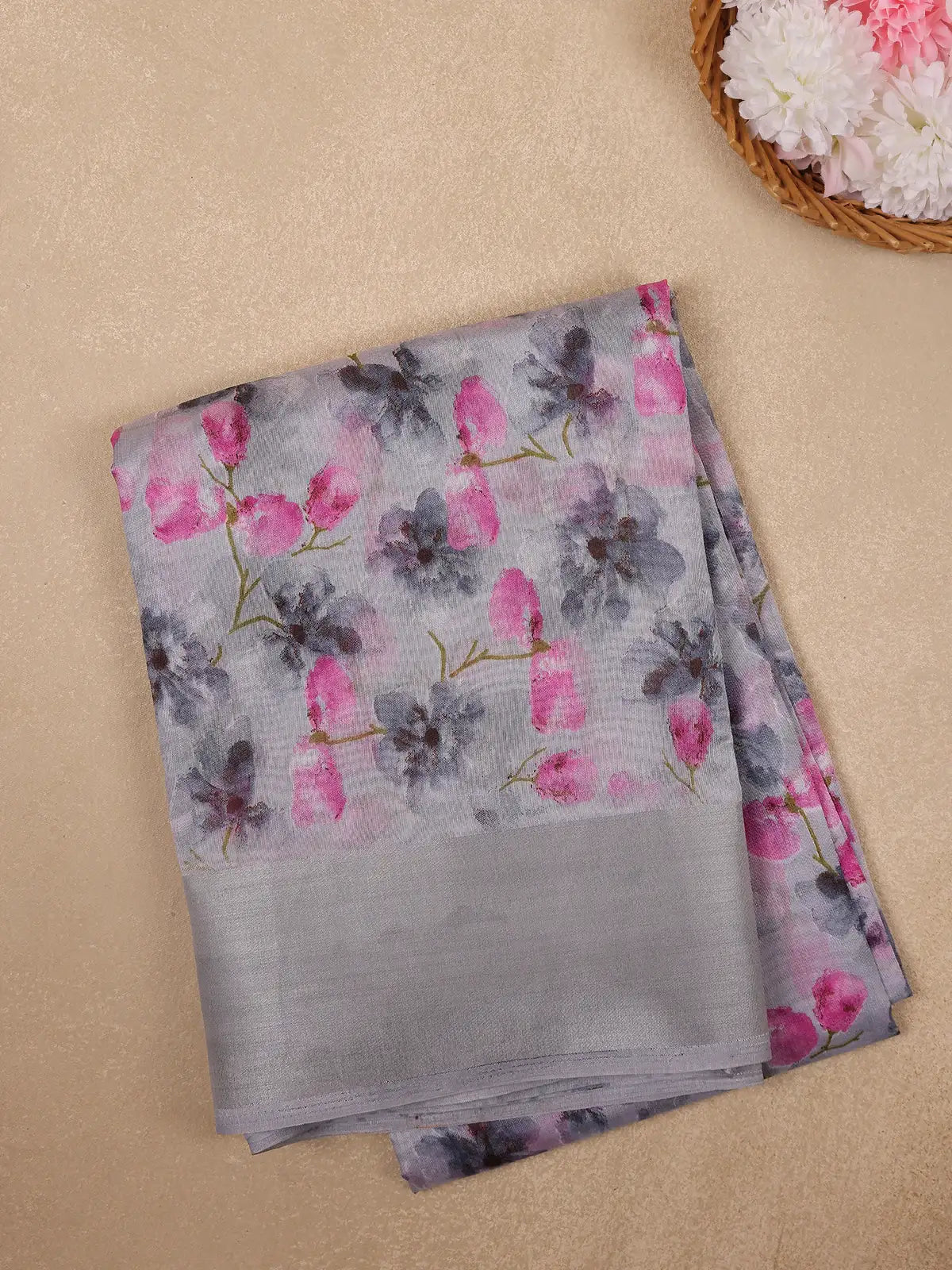 Grey Floral Printed Cotton Saree - Diadem