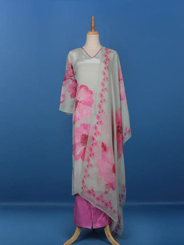 Grey Floral Prints Crepe Straight Cut Salwar Suit - Diadem