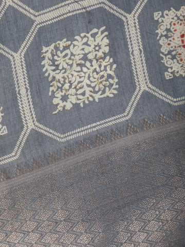 Grey Floral hexagonal Printed Cotton Saree - Diadem