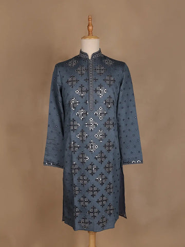 Grey Raw Silk Mirror Designed Kurta Set, With Pant - Diadem