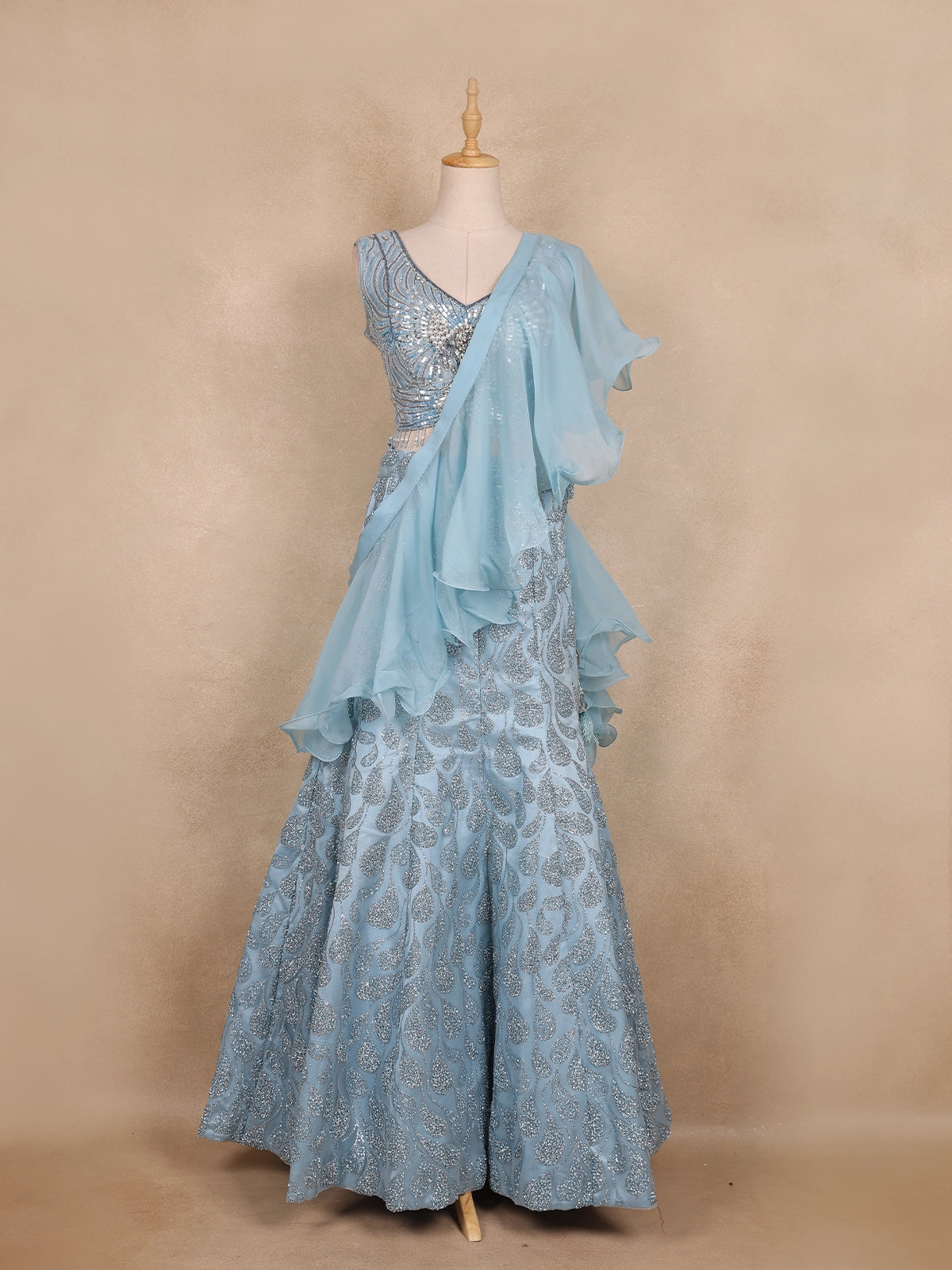Ice Blue Sequins Embroidery Net Lehenga