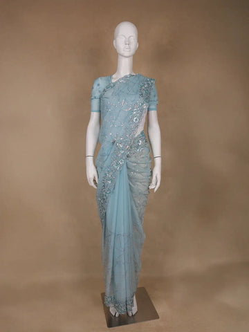 Ice Blue Floral Designed Organza Designer Saree - Diadem