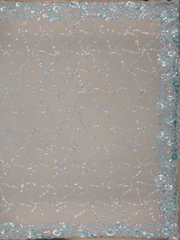 Ice Blue Floral Designed Organza Designer Saree - Diadem