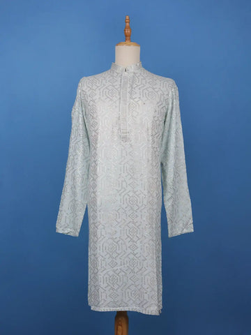Icy Blue Geometric Sequin Designed Cotton Kurta - Diadem