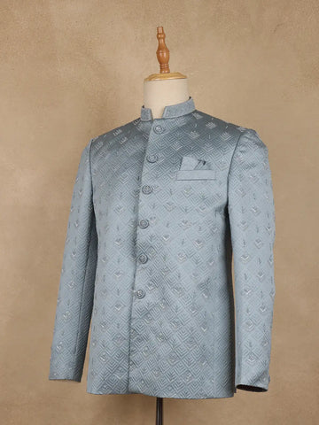 Icy Blue Geometric Design Viscose Men's Suit - Diadem