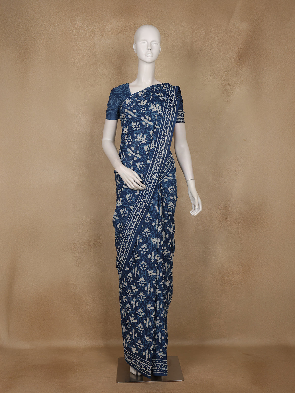 Indigo Blue Block Printed Mul Mul Cotton Saree