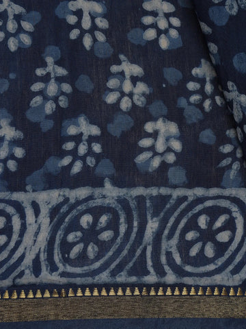Indigo Blue Floral Printed Cotton Saree - Diadem