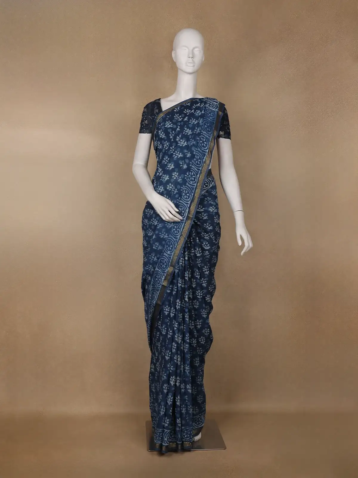 Indigo Blue Floral Printed Cotton Saree - Diadem