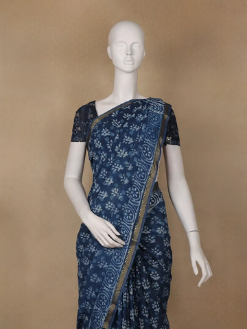 Indigo Blue Floral Printed Cotton Saree - Diadem