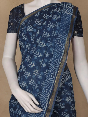 Indigo Blue Floral Printed Cotton Saree - Diadem