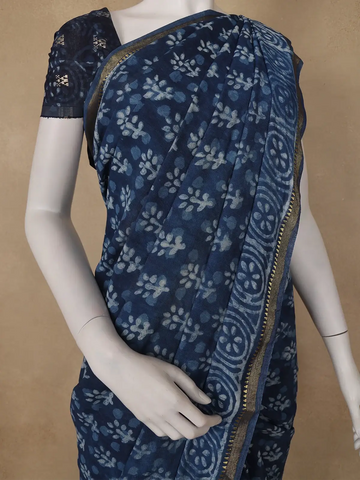Indigo Blue Floral Printed Cotton Saree - Diadem