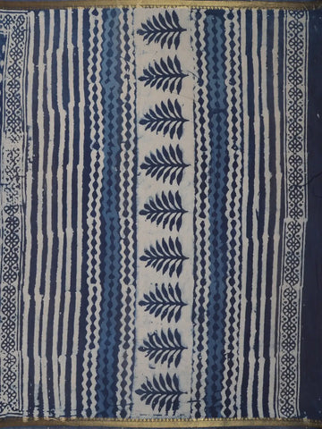 Indigo Blue Leaf Printed Cotton Saree - Diadem