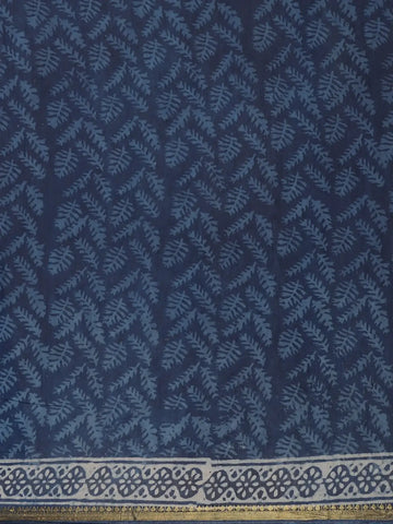 Indigo Blue Leaf Printed Cotton Saree - Diadem