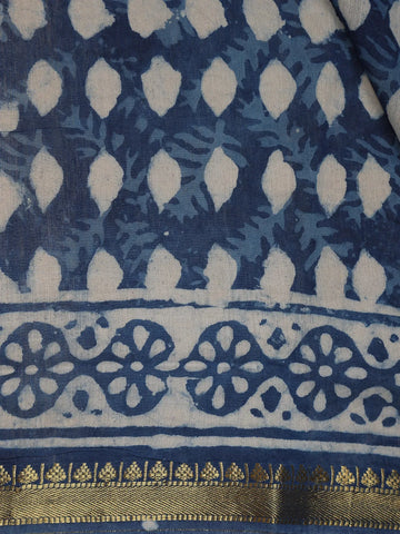 Indigo Blue Leaf Printed Cotton Saree - Diadem