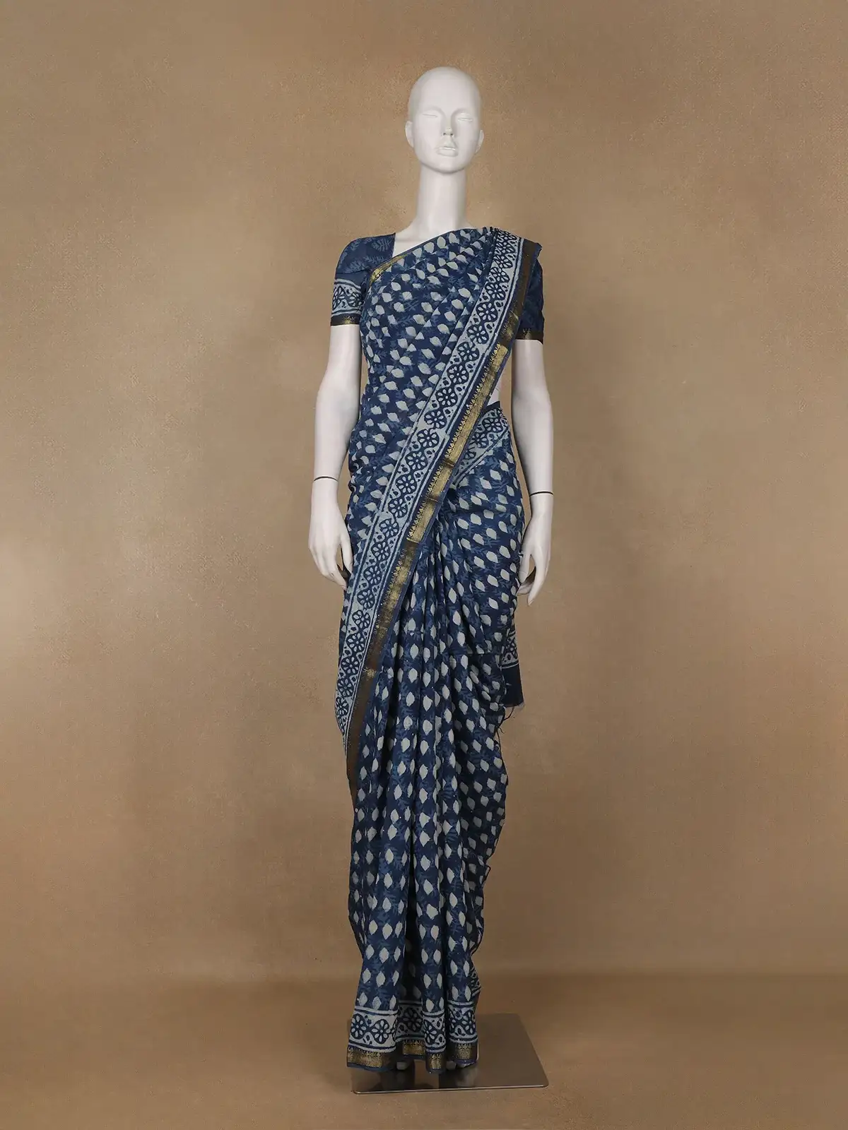 Indigo Blue Leaf Printed Cotton Saree - Diadem